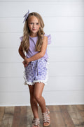 Girls Lavender Checkered Lace Ruffle Summer Short Set