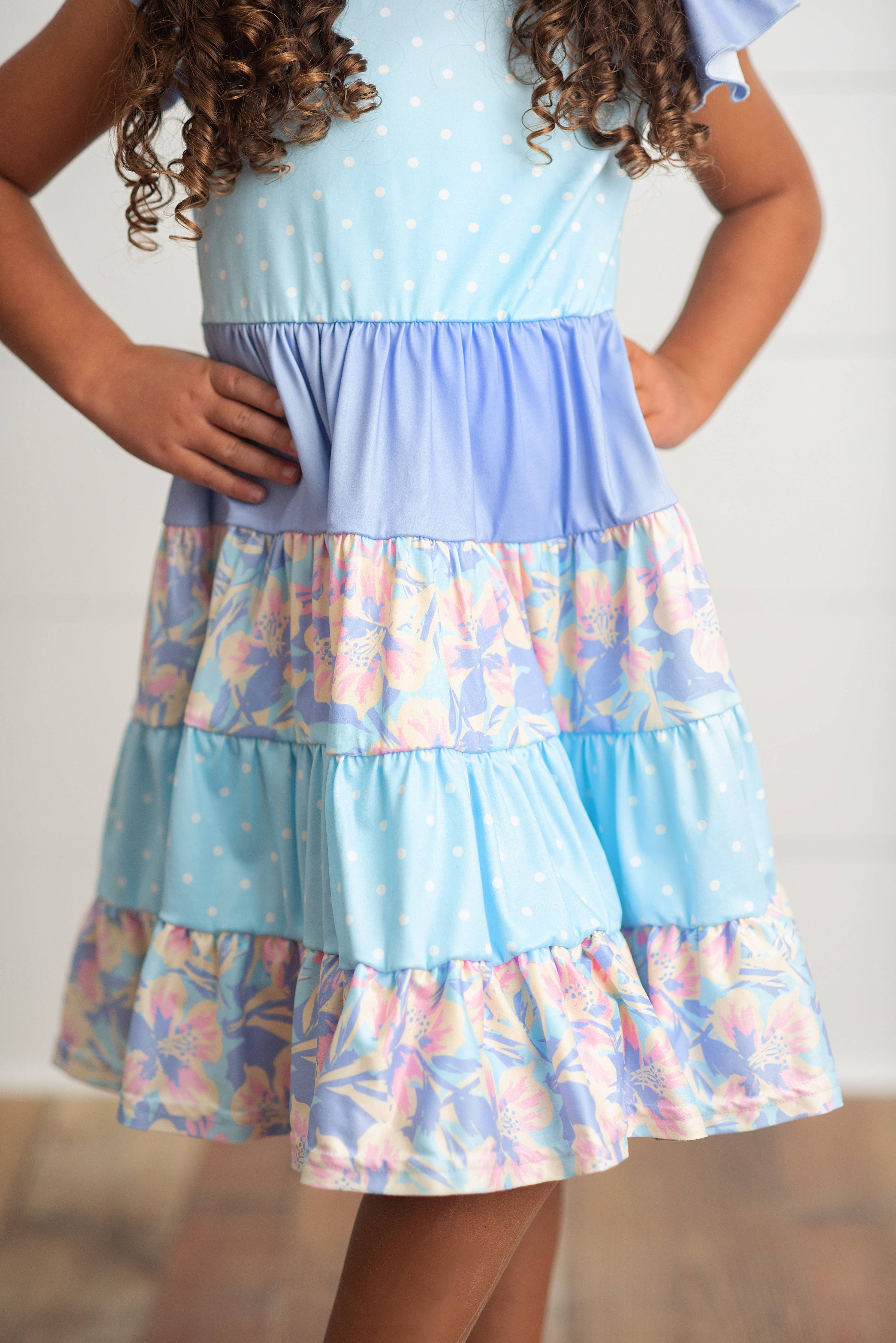 Kids Blue & Purple Polka Dot Floral Tiered Spring Dress: