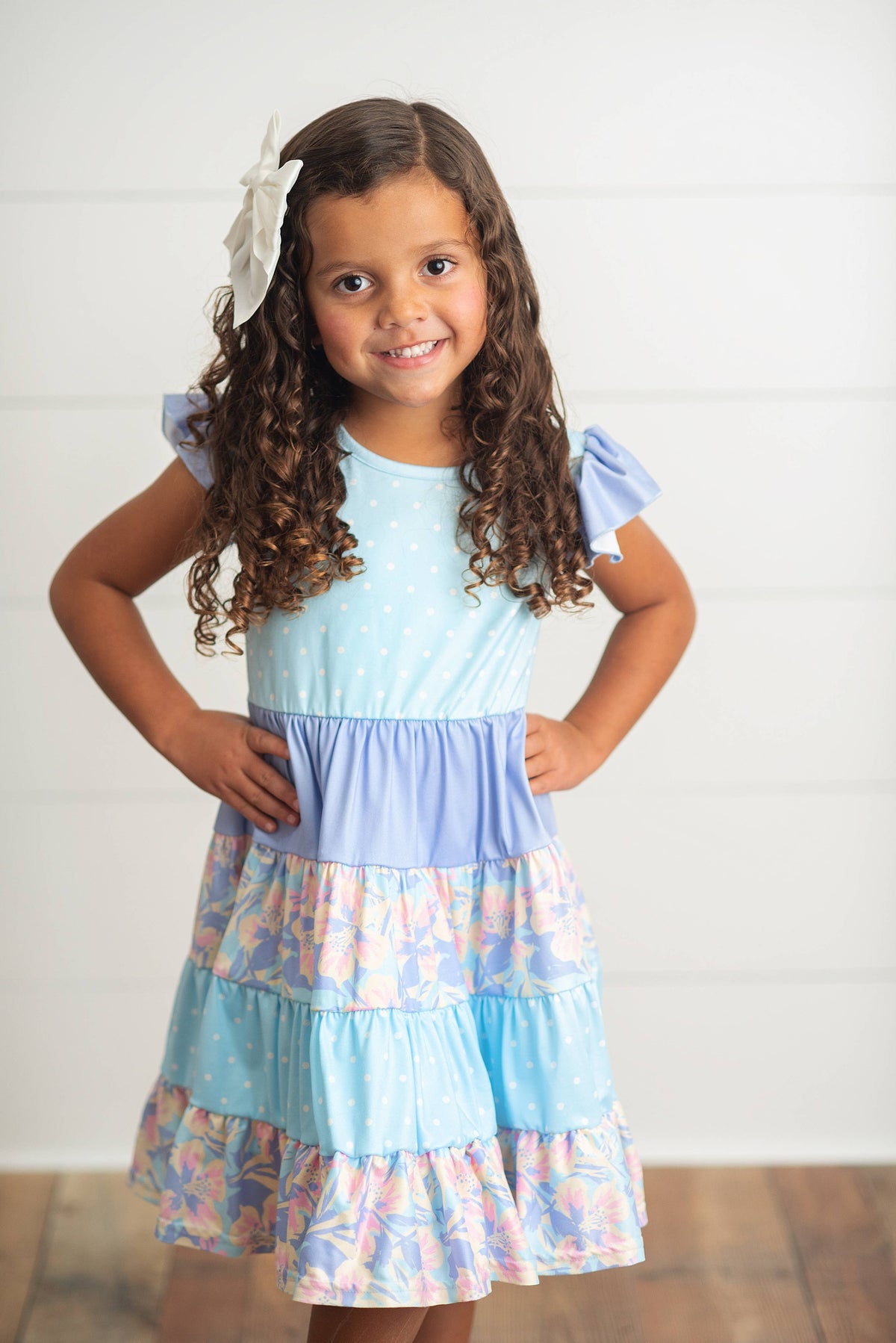 Kids Blue & Purple Polka Dot Floral Tiered Spring Dress: