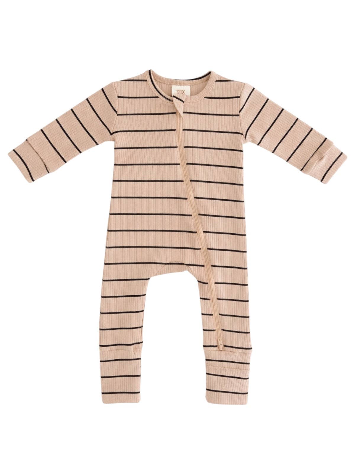 Tan/Black Stripe Ribbed 2-Way Zip Romper