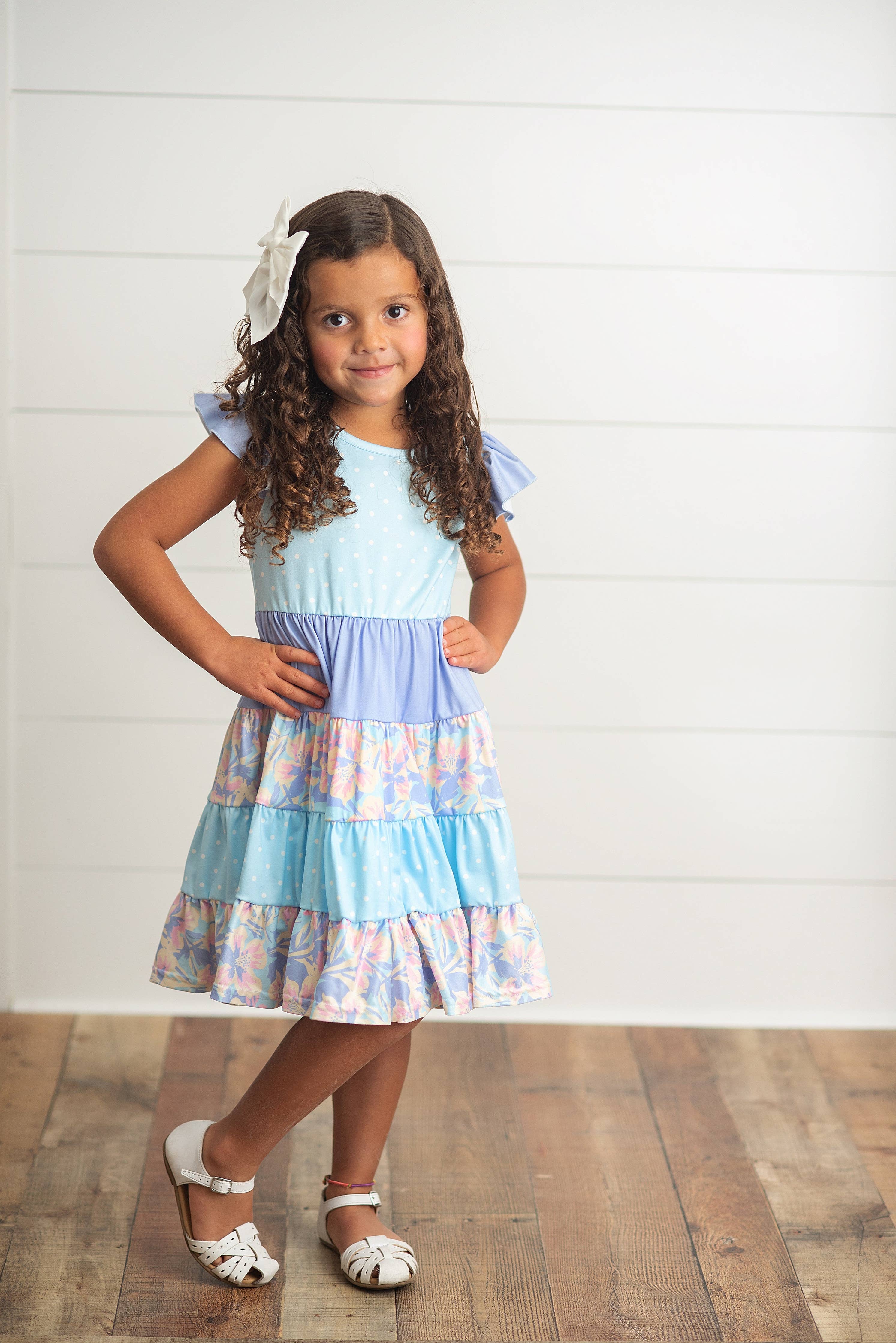 Kids Blue & Purple Polka Dot Floral Tiered Spring Dress: