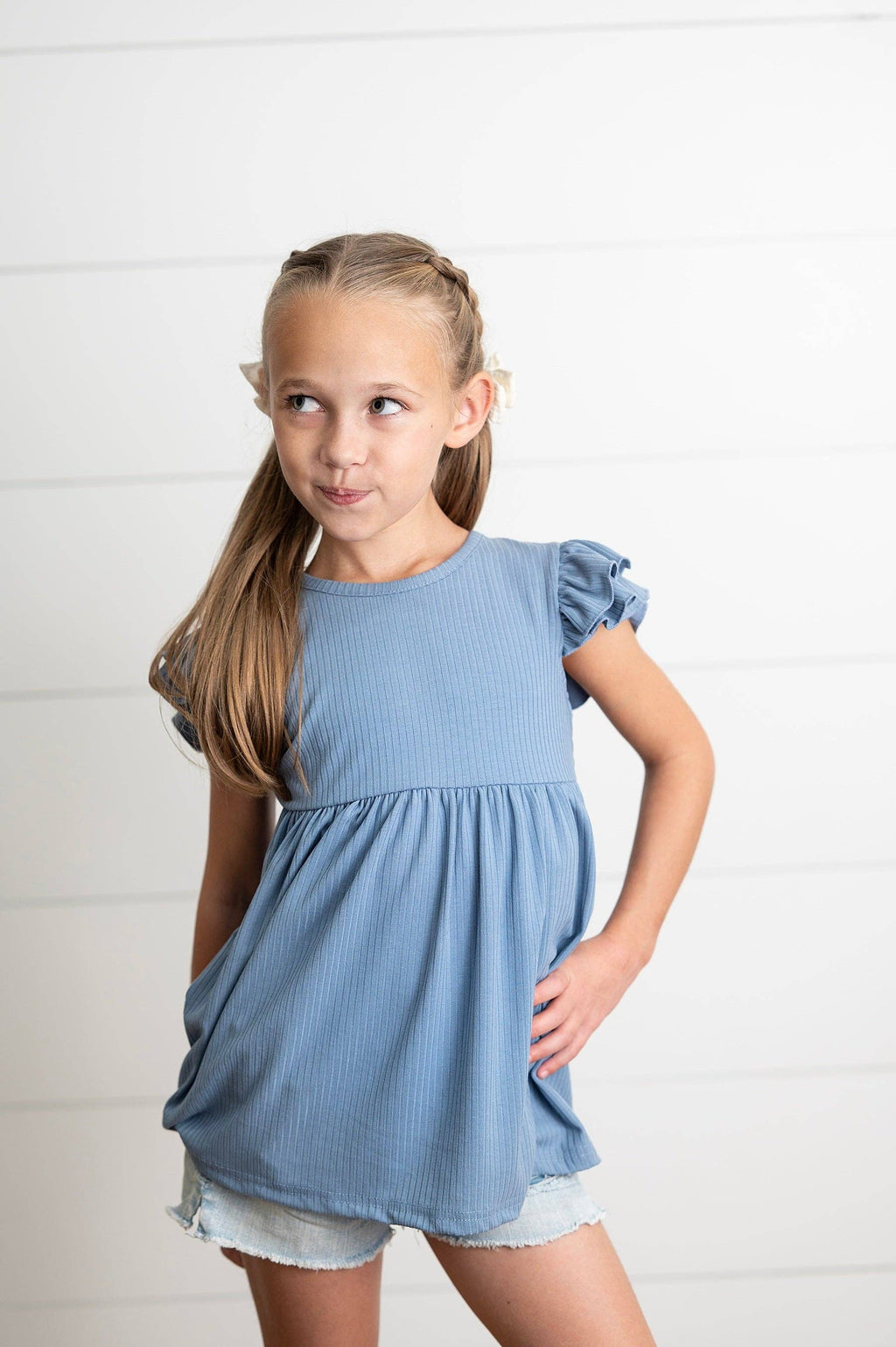 Kids Dusty Blue Ribbed Double Ruffle Flutter Sleeve Shirt