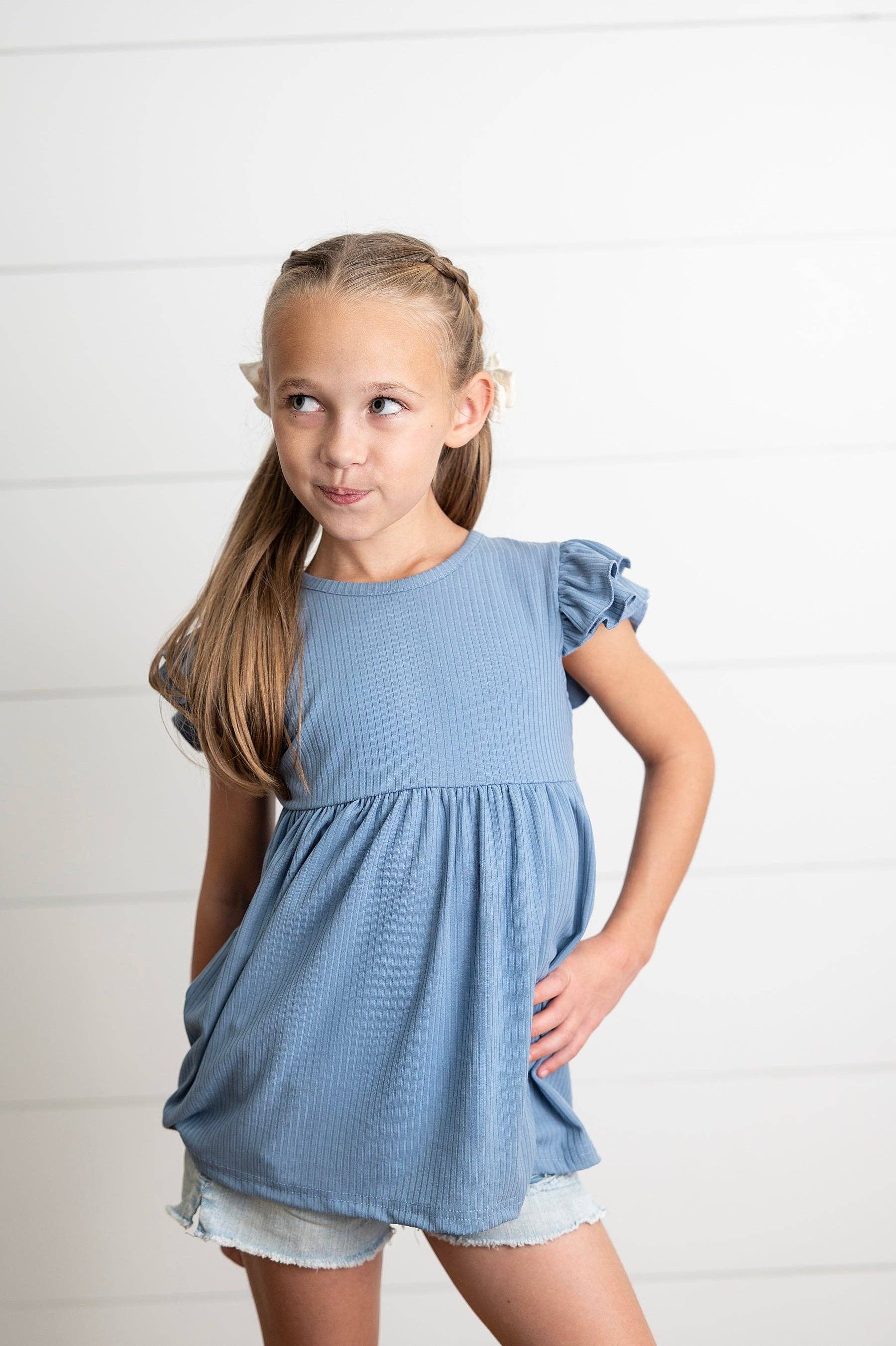 Kids Dusty Blue Ribbed Double Ruffle Flutter Sleeve Shirt