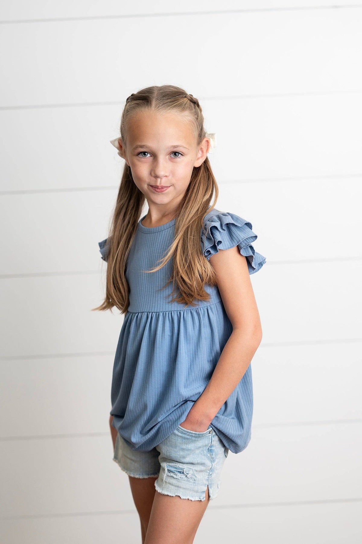 Kids Dusty Blue Ribbed Double Ruffle Flutter Sleeve Shirt