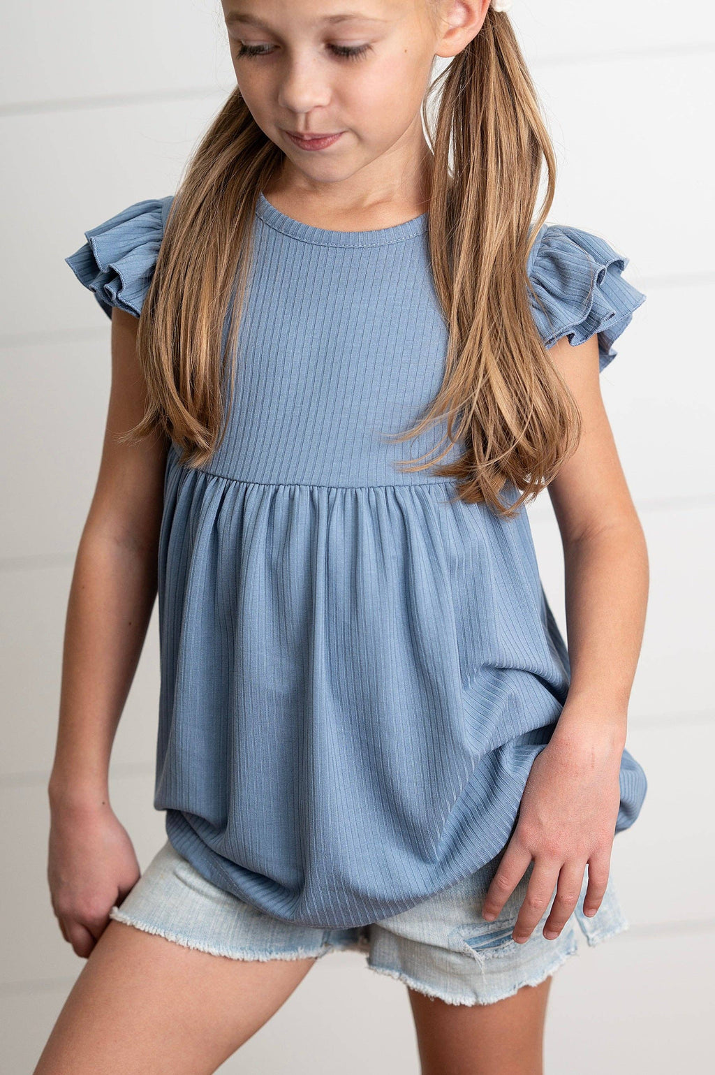Kids Dusty Blue Ribbed Double Ruffle Flutter Sleeve Shirt