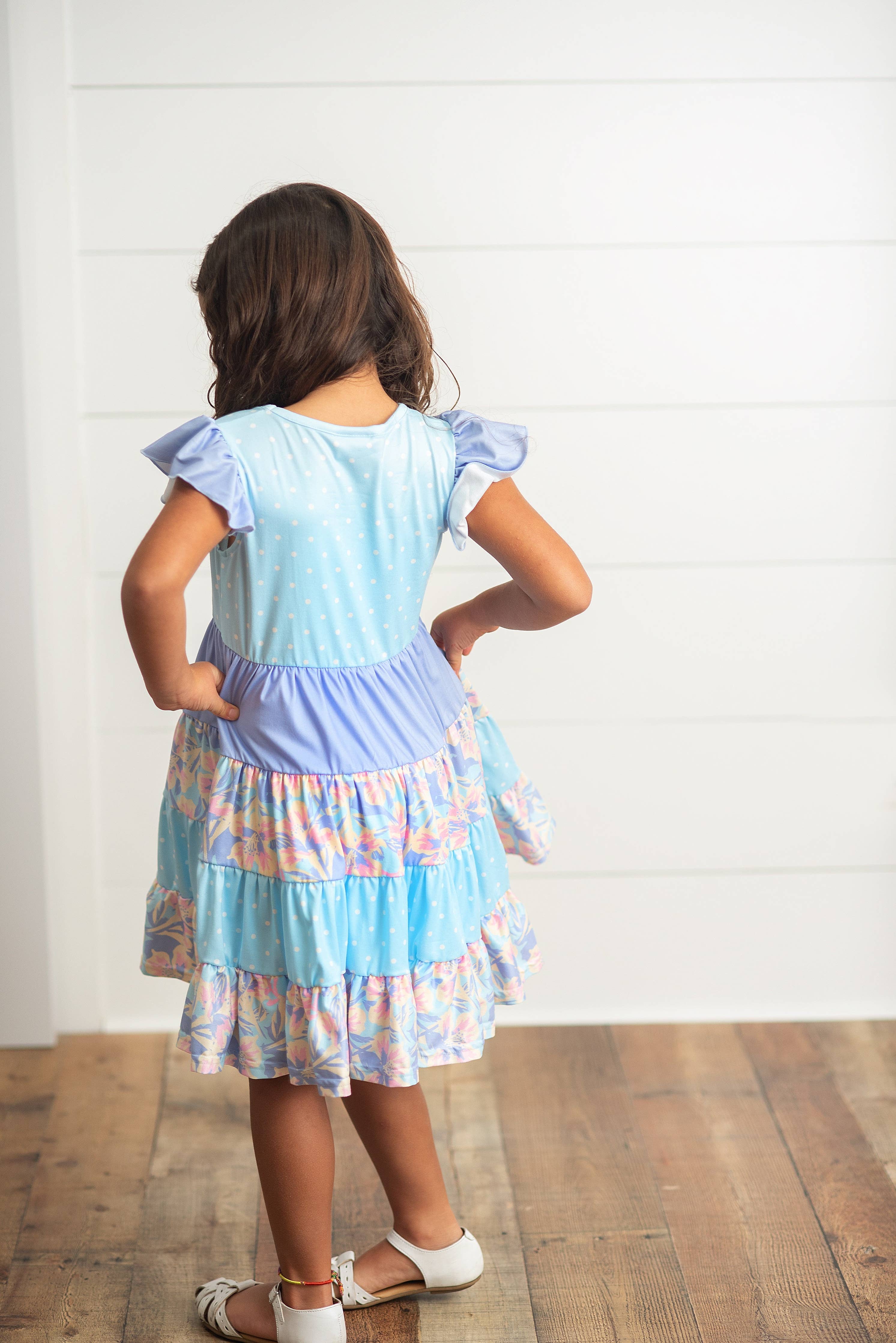 Kids Blue & Purple Polka Dot Floral Tiered Spring Dress: