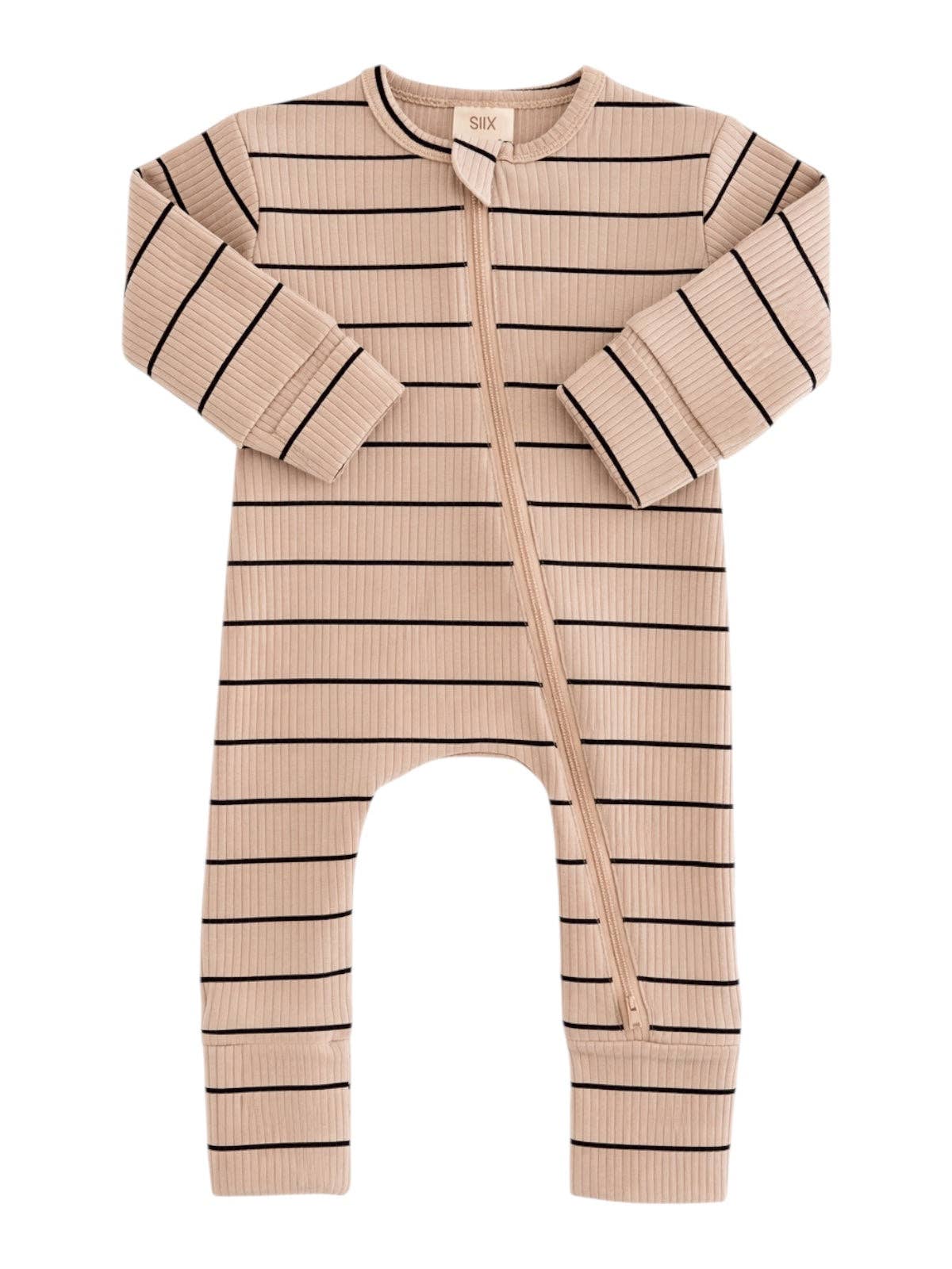 Tan/Black Stripe Ribbed 2-Way Zip Romper
